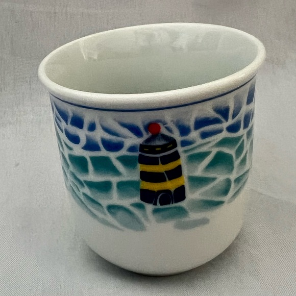 Child Sailboat Lighthouse Dinnerware Set Plate Bowl Mug Blue Nautical Mosaic Rim - Picture 8 of 14